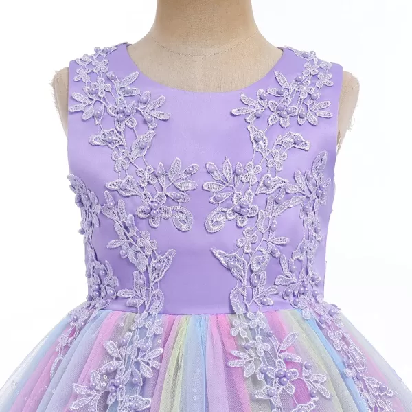 Flower Girl Lace Dress for Kids Wedding Bridesmaid Pageant Party Formal Long Gown Princess Communion Tulle Dresses 312Rainbow Purple