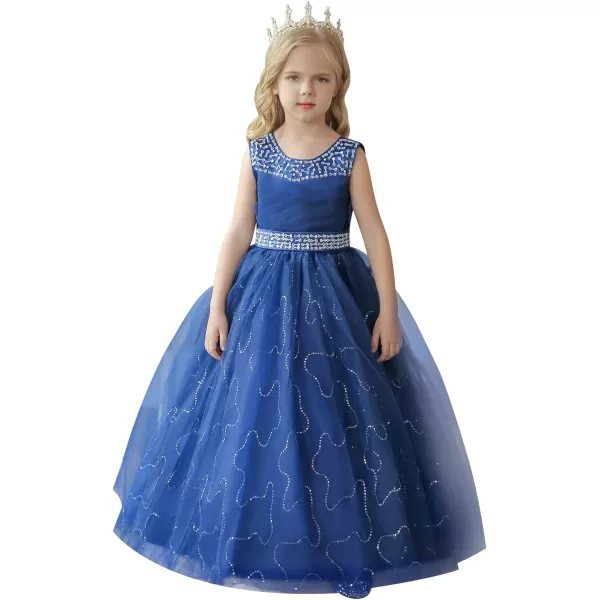 Flower Girl Lace Dress for Kids Wedding Bridesmaid Pageant Party Formal Long Gown Princess Communion Tulle Dresses 312Royal Blue  Sequin Beads