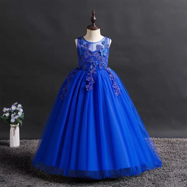 Flower Girl Lace Dress for Kids Wedding Bridesmaid Pageant Party Formal Long Gown Princess Communion Tulle Dresses 312Royal Blue 02