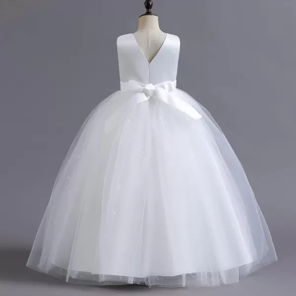 Flower Girl Lace Dress for Kids Wedding Bridesmaid Pageant Party Formal Long Gown Princess Communion Tulle Dresses 312White  Sequin Beads
