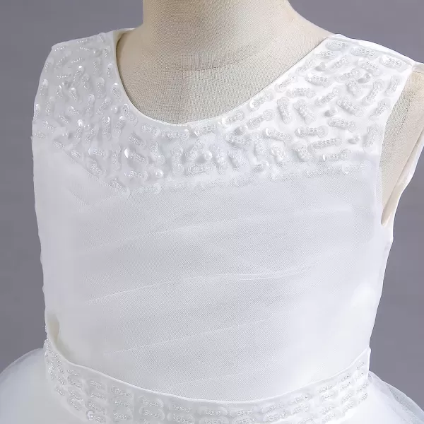 Flower Girl Lace Dress for Kids Wedding Bridesmaid Pageant Party Formal Long Gown Princess Communion Tulle Dresses 312White  Sequin Beads