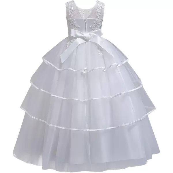 Flower Girl Lace Dress for Kids Wedding Bridesmaid Pageant Party Formal Long Gown Princess Communion Tulle Dresses 312White 01