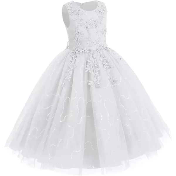 Flower Girl Lace Dress for Kids Wedding Bridesmaid Pageant Party Formal Long Gown Princess Communion Tulle Dresses 312White