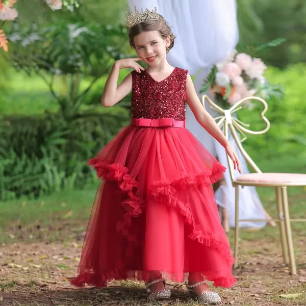 Flower Girl Lace Dress for Kids Wedding Bridesmaid Pageant Party Formal Long Gown Princess Communion Tulle Dresses 312Wine Red  Ruffle