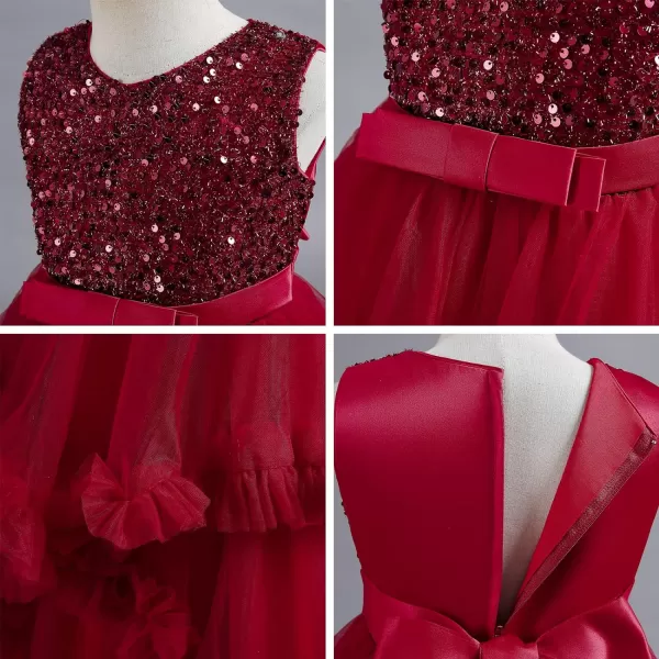 Flower Girl Lace Dress for Kids Wedding Bridesmaid Pageant Party Formal Long Gown Princess Communion Tulle Dresses 312Wine Red  Ruffle
