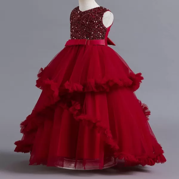 Flower Girl Lace Dress for Kids Wedding Bridesmaid Pageant Party Formal Long Gown Princess Communion Tulle Dresses 312Wine Red  Ruffle