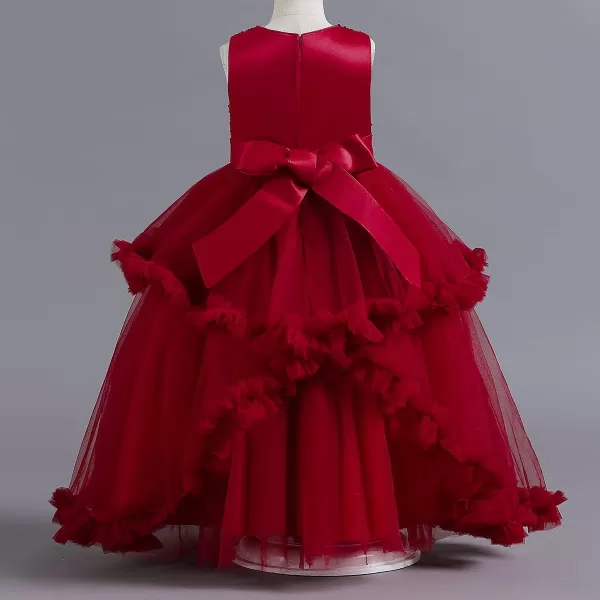 Flower Girl Lace Dress for Kids Wedding Bridesmaid Pageant Party Formal Long Gown Princess Communion Tulle Dresses 312Wine Red  Ruffle