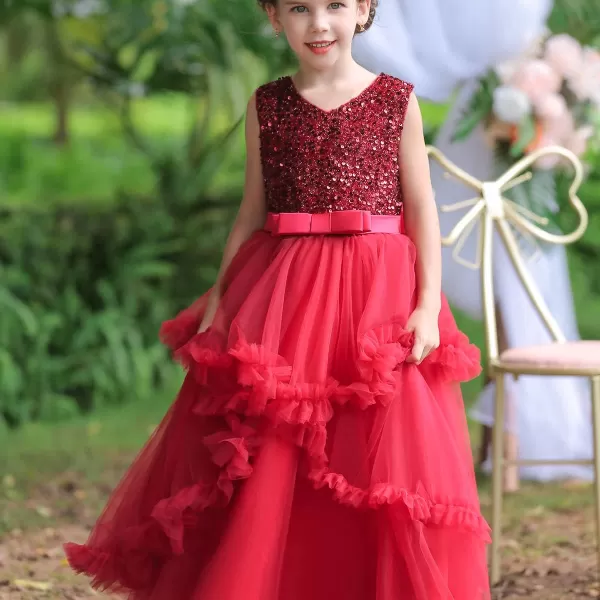 Flower Girl Lace Dress for Kids Wedding Bridesmaid Pageant Party Formal Long Gown Princess Communion Tulle Dresses 312Wine Red  Ruffle