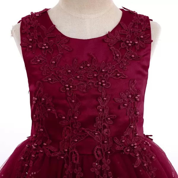 Flower Girl Lace Dress for Kids Wedding Bridesmaid Pageant Party Formal Long Gown Princess Communion Tulle Dresses 312Wine Red