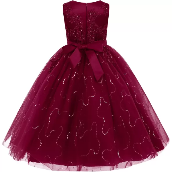 Flower Girl Lace Dress for Kids Wedding Bridesmaid Pageant Party Formal Long Gown Princess Communion Tulle Dresses 312Wine Red