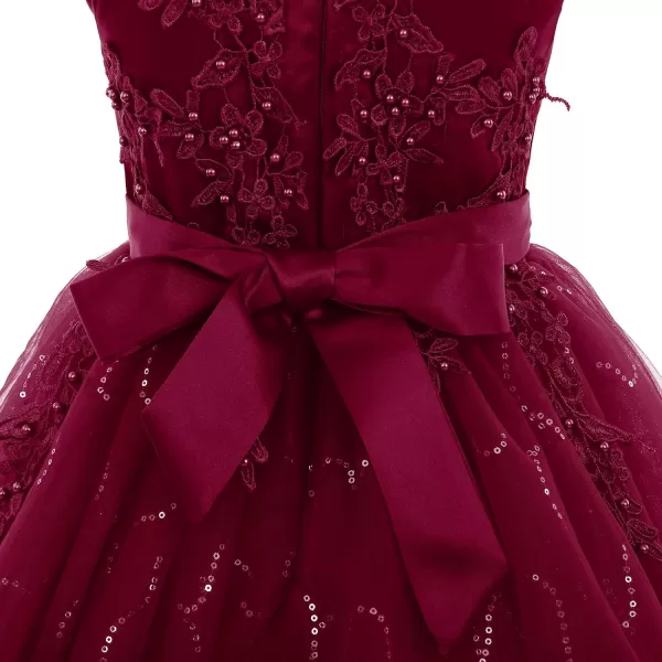 Flower Girl Lace Dress for Kids Wedding Bridesmaid Pageant Party Formal Long Gown Princess Communion Tulle Dresses 312Wine Red