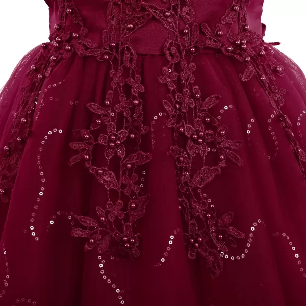 Flower Girl Lace Dress for Kids Wedding Bridesmaid Pageant Party Formal Long Gown Princess Communion Tulle Dresses 312Wine Red