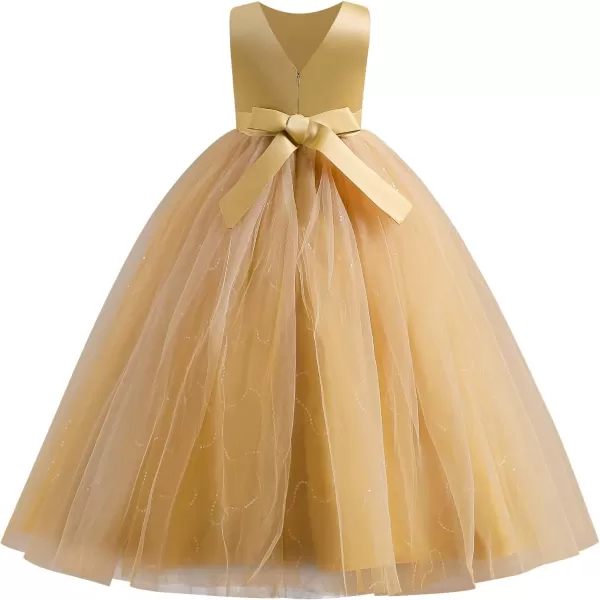 Flower Girl Lace Dress for Kids Wedding Bridesmaid Pageant Party Formal Long Gown Princess Communion Tulle Dresses 312Yellow  Sequin Beads