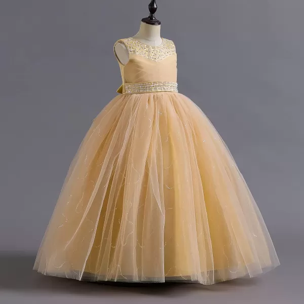 Flower Girl Lace Dress for Kids Wedding Bridesmaid Pageant Party Formal Long Gown Princess Communion Tulle Dresses 312Yellow  Sequin Beads
