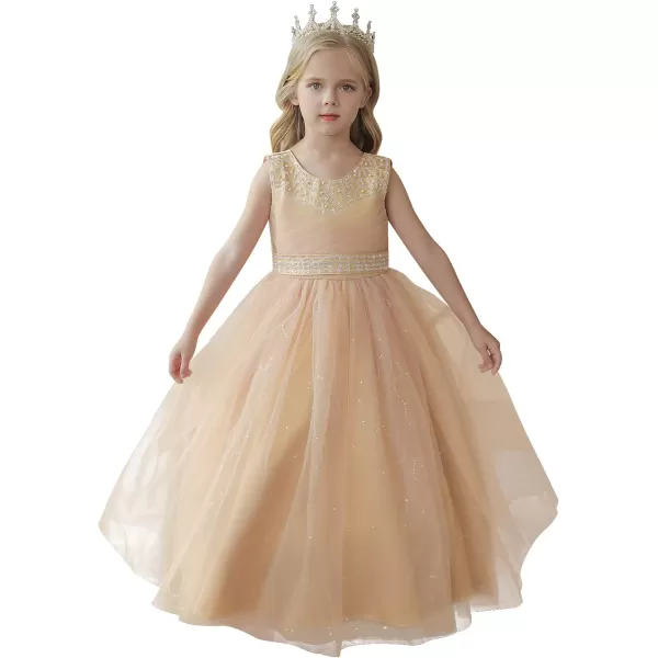 Flower Girl Lace Dress for Kids Wedding Bridesmaid Pageant Party Formal Long Gown Princess Communion Tulle Dresses 312Yellow  Sequin Beads