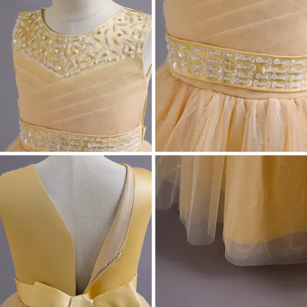 Flower Girl Lace Dress for Kids Wedding Bridesmaid Pageant Party Formal Long Gown Princess Communion Tulle Dresses 312Yellow  Sequin Beads