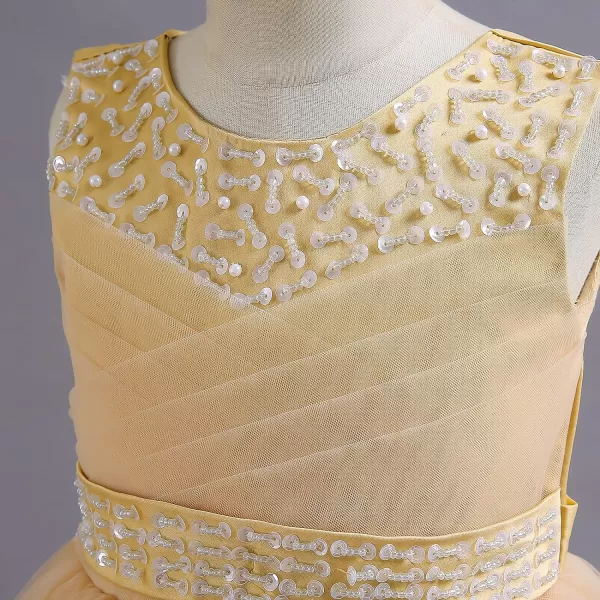 Flower Girl Lace Dress for Kids Wedding Bridesmaid Pageant Party Formal Long Gown Princess Communion Tulle Dresses 312Yellow  Sequin Beads