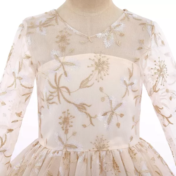 Flower Girl Lace Dress for Kids Wedding Bridesmaid Pageant Party Formal Maxi Gown Princess Communion Long Tulle DressesChampagne Floral