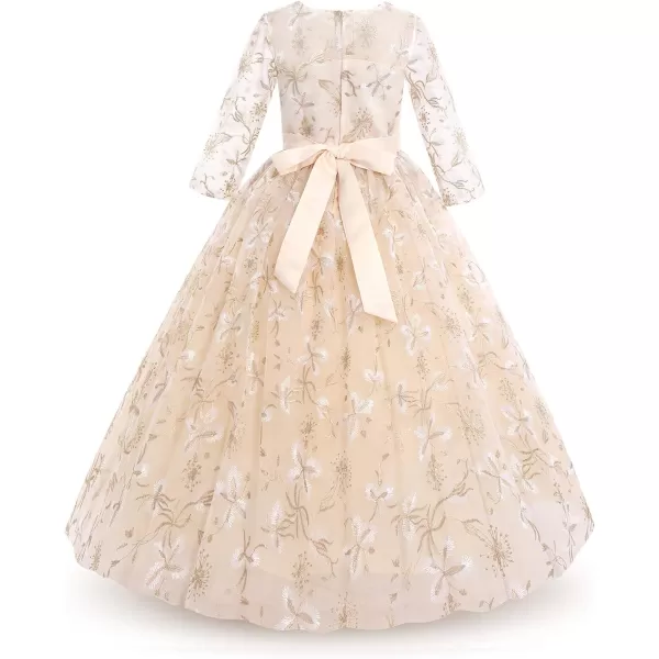 Flower Girl Lace Dress for Kids Wedding Bridesmaid Pageant Party Formal Maxi Gown Princess Communion Long Tulle DressesChampagne Floral