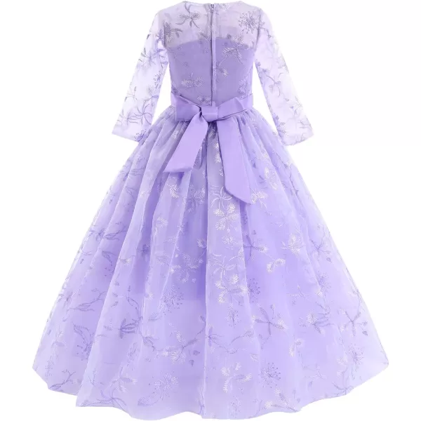 Flower Girl Lace Dress for Kids Wedding Bridesmaid Pageant Party Formal Maxi Gown Princess Communion Long Tulle DressesPurple Floral