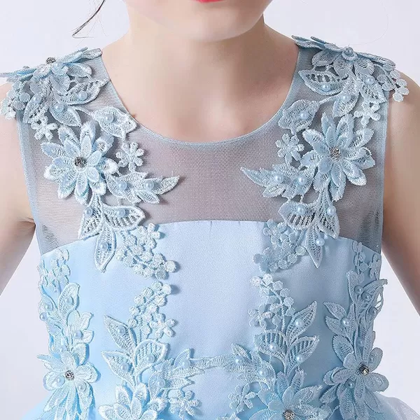 Flower Girl Lace Dress for Kids Wedding Bridesmaid Pageant Party Long Gown Princess Communion Sequins Puffy Tulle DressesBlue