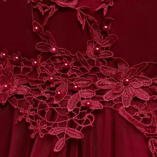 Flower Girl Lace Dress for Kids Wedding Bridesmaid Pageant Party Long Gown Princess Communion Sequins Puffy Tulle DressesDark Red  Backless