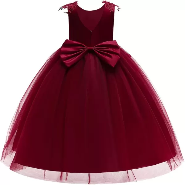 Flower Girl Lace Dress for Kids Wedding Bridesmaid Pageant Party Long Gown Princess Communion Sequins Puffy Tulle DressesDark Red  Backless