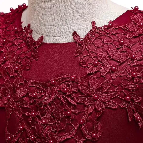 Flower Girl Lace Dress for Kids Wedding Bridesmaid Pageant Party Long Gown Princess Communion Sequins Puffy Tulle DressesDark Red  Backless