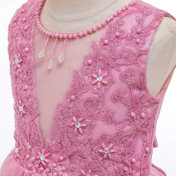 Flower Girl Lace Dress for Kids Wedding Bridesmaid Pageant Party Long Gown Princess Communion Sequins Puffy Tulle DressesDusty Pink  Lace Beads