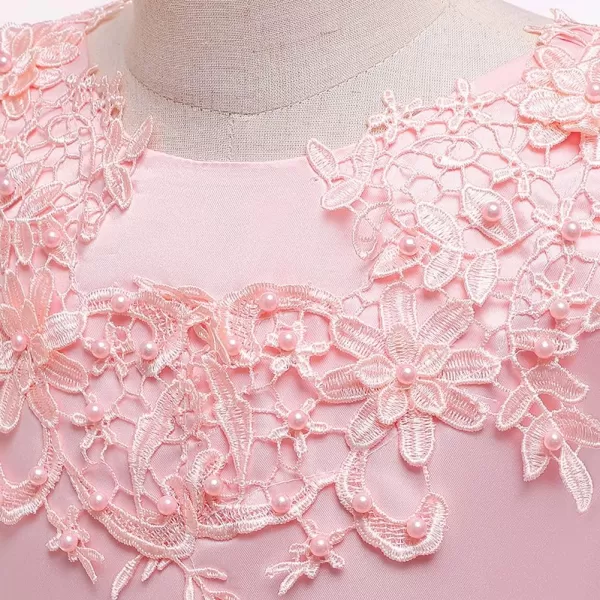 Flower Girl Lace Dress for Kids Wedding Bridesmaid Pageant Party Long Gown Princess Communion Sequins Puffy Tulle DressesPink  Backless