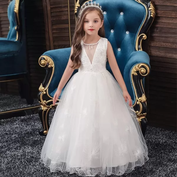 Flower Girl Lace Dress for Kids Wedding Bridesmaid Pageant Party Long Gown Princess Communion Sequins Puffy Tulle DressesWhite  Lace Beads