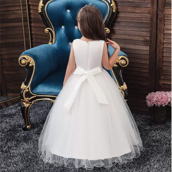 Flower Girl Lace Dress for Kids Wedding Bridesmaid Pageant Party Long Gown Princess Communion Sequins Puffy Tulle DressesWhite  Lace Beads