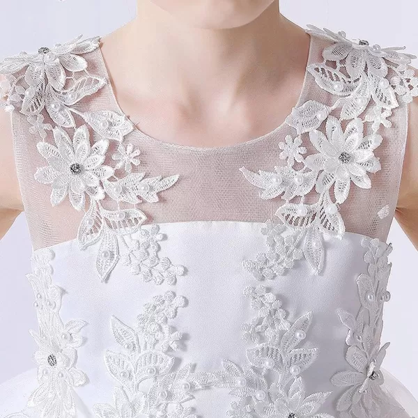 Flower Girl Lace Dress for Kids Wedding Bridesmaid Pageant Party Long Gown Princess Communion Sequins Puffy Tulle DressesWhite