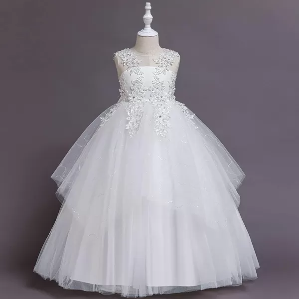 Flower Girl Lace Dress for Kids Wedding Bridesmaid Pageant Party Long Gown Princess Communion Sequins Puffy Tulle DressesWhite