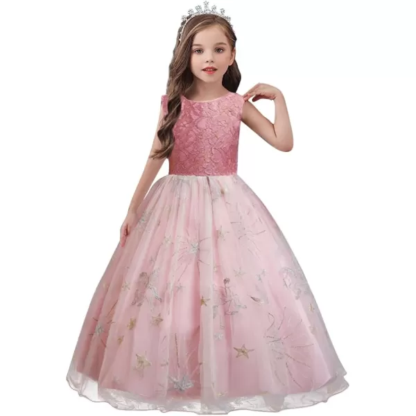 Flower Girl Lace Dress for Kids Wedding Bridesmaid Pageant Party Long Maxi Gown Princess Communion Star Tulle DressesPink  Star