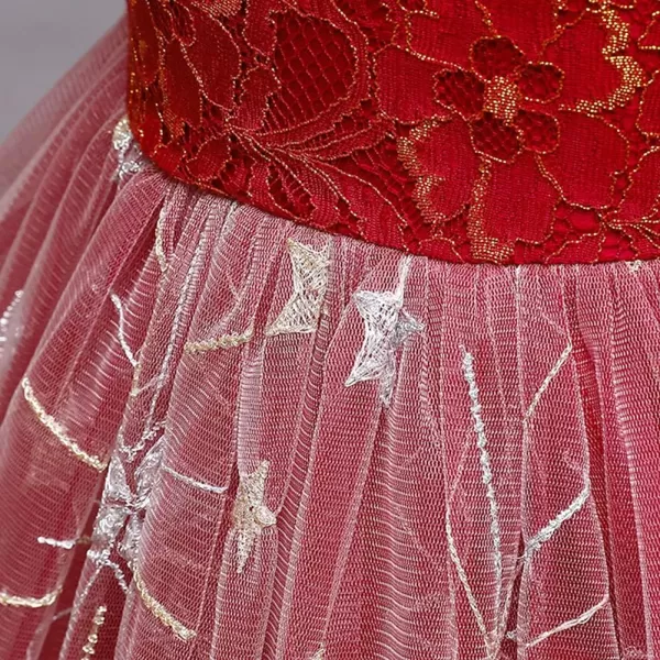 Flower Girl Lace Dress for Kids Wedding Bridesmaid Pageant Party Long Maxi Gown Princess Communion Star Tulle DressesRed  Star