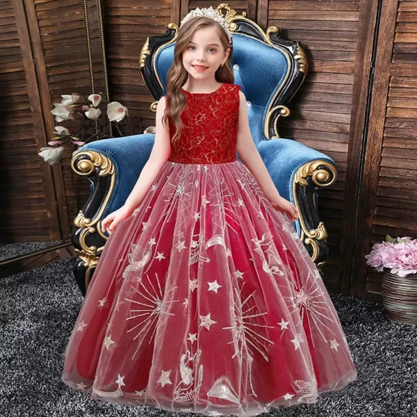 Flower Girl Lace Dress for Kids Wedding Bridesmaid Pageant Party Long Maxi Gown Princess Communion Star Tulle DressesRed  Star