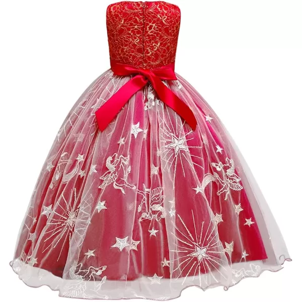 Flower Girl Lace Dress for Kids Wedding Bridesmaid Pageant Party Long Maxi Gown Princess Communion Star Tulle DressesRed  Star