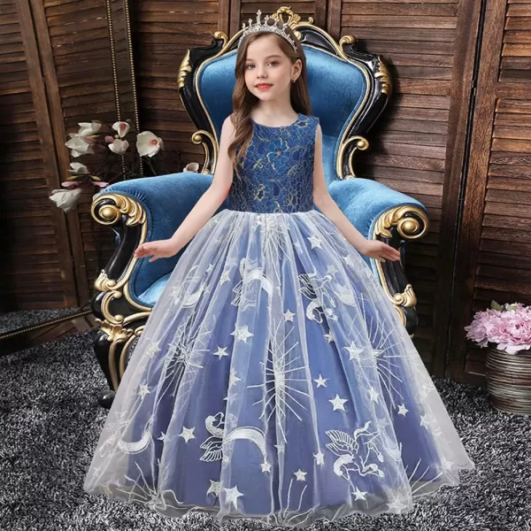 Flower Girl Lace Dress for Kids Wedding Bridesmaid Pageant Party Long Maxi Gown Princess Communion Star Tulle DressesRoyal Blue  Star