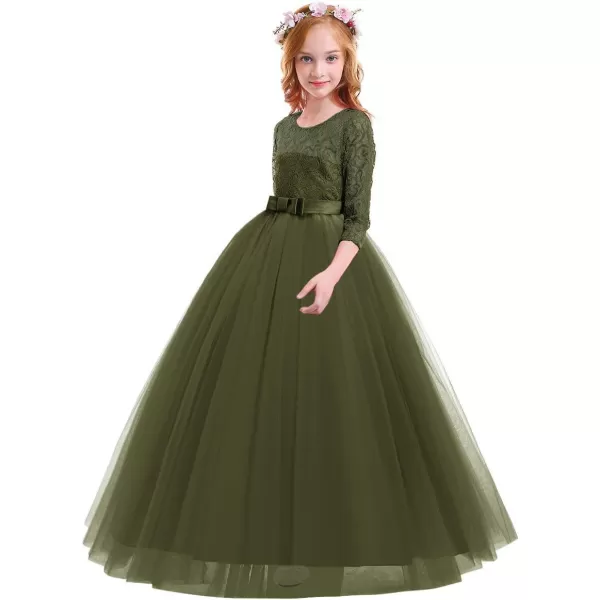 Flower Girl Lace Dress for Kids Wedding Bridesmaid Pageant Party Prom Formal Ball Gown Princess Puffy Tulle DressesArmy Green