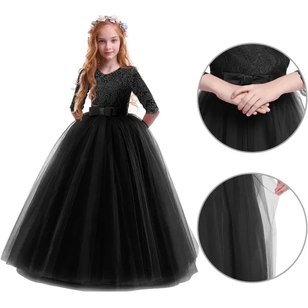 Flower Girl Lace Dress for Kids Wedding Bridesmaid Pageant Party Prom Formal Ball Gown Princess Puffy Tulle DressesBlack