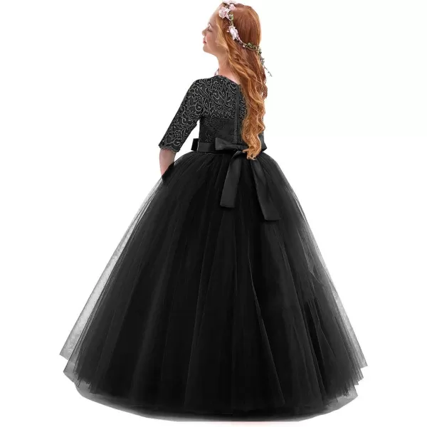 Flower Girl Lace Dress for Kids Wedding Bridesmaid Pageant Party Prom Formal Ball Gown Princess Puffy Tulle DressesBlack