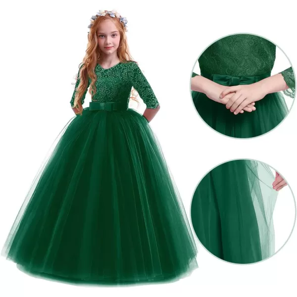 Flower Girl Lace Dress for Kids Wedding Bridesmaid Pageant Party Prom Formal Ball Gown Princess Puffy Tulle DressesBlackish Green