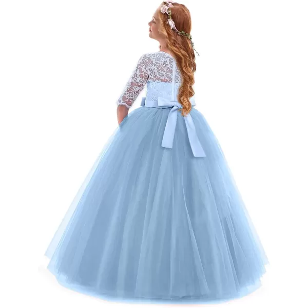 Flower Girl Lace Dress for Kids Wedding Bridesmaid Pageant Party Prom Formal Ball Gown Princess Puffy Tulle DressesBlue