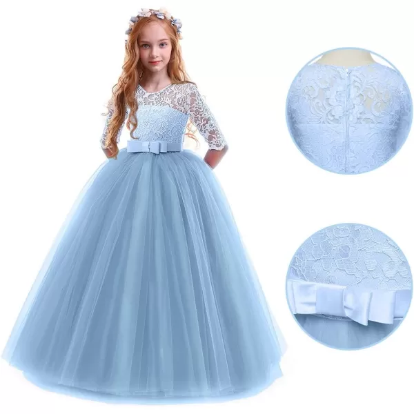 Flower Girl Lace Dress for Kids Wedding Bridesmaid Pageant Party Prom Formal Ball Gown Princess Puffy Tulle DressesBlue