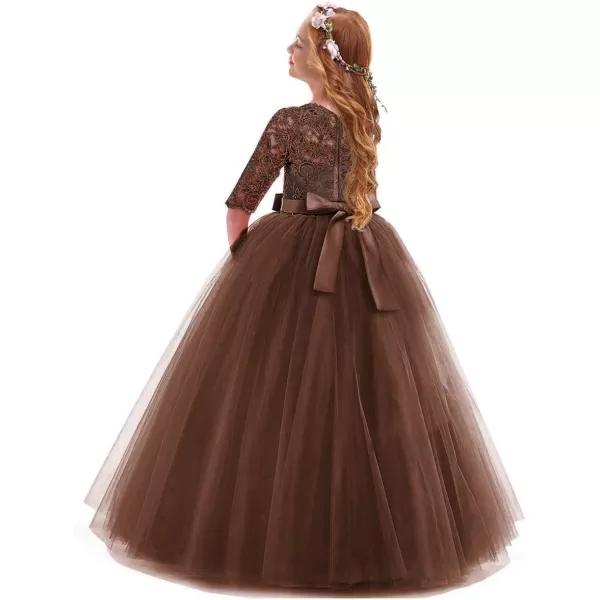 Flower Girl Lace Dress for Kids Wedding Bridesmaid Pageant Party Prom Formal Ball Gown Princess Puffy Tulle DressesBrown