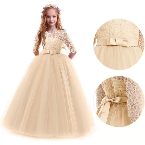 Flower Girl Lace Dress for Kids Wedding Bridesmaid Pageant Party Prom Formal Ball Gown Princess Puffy Tulle DressesChampagne