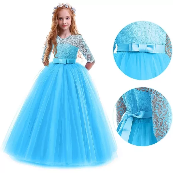 Flower Girl Lace Dress for Kids Wedding Bridesmaid Pageant Party Prom Formal Ball Gown Princess Puffy Tulle DressesDark Blue