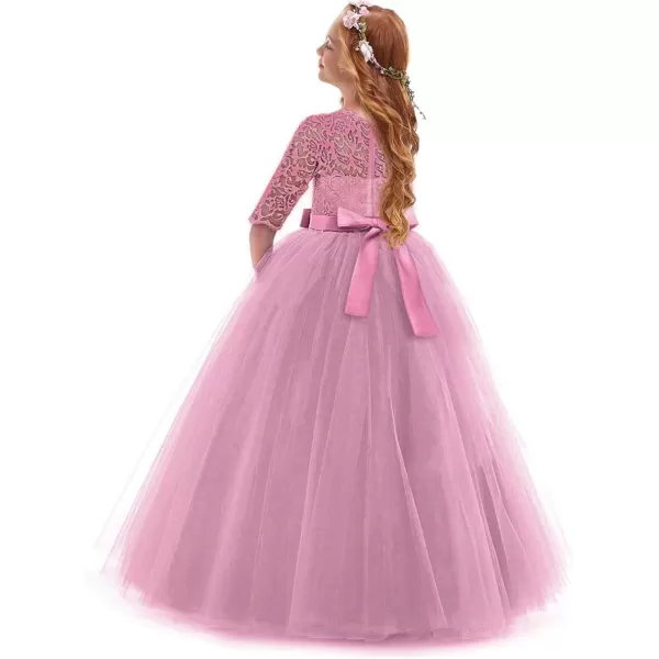 Flower Girl Lace Dress for Kids Wedding Bridesmaid Pageant Party Prom Formal Ball Gown Princess Puffy Tulle DressesDark Pink