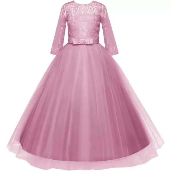 Flower Girl Lace Dress for Kids Wedding Bridesmaid Pageant Party Prom Formal Ball Gown Princess Puffy Tulle DressesDark Pink